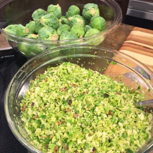 Shredded Brussels with Date, Shallot and Mustard Dressing